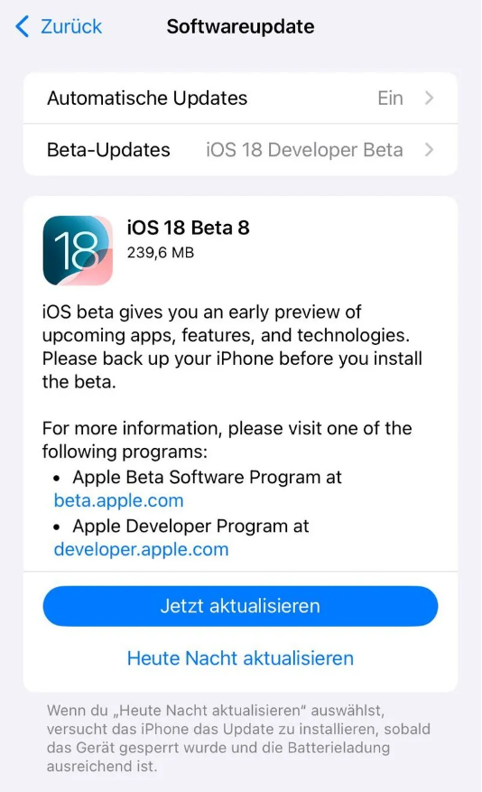 库尔勒苹果手机维修分享苹果 iOS / iPadOS 18 开发者预览版 Beta 8 发布 